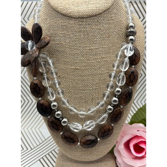 Silver Tone & Brown Bead Collar Statement Necklace Multi Strand Flower Boho - Picture 1 of 10